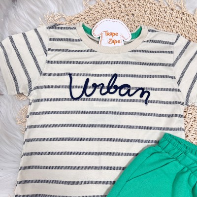 Conj. Camiseta Urban Listrada e Bermuda - Verde e Creme